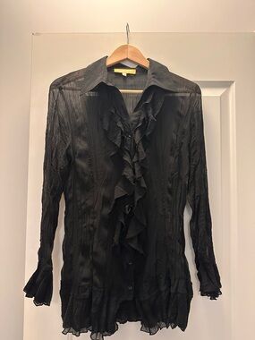 Black Ruffled Sheer Button-Up Blouse